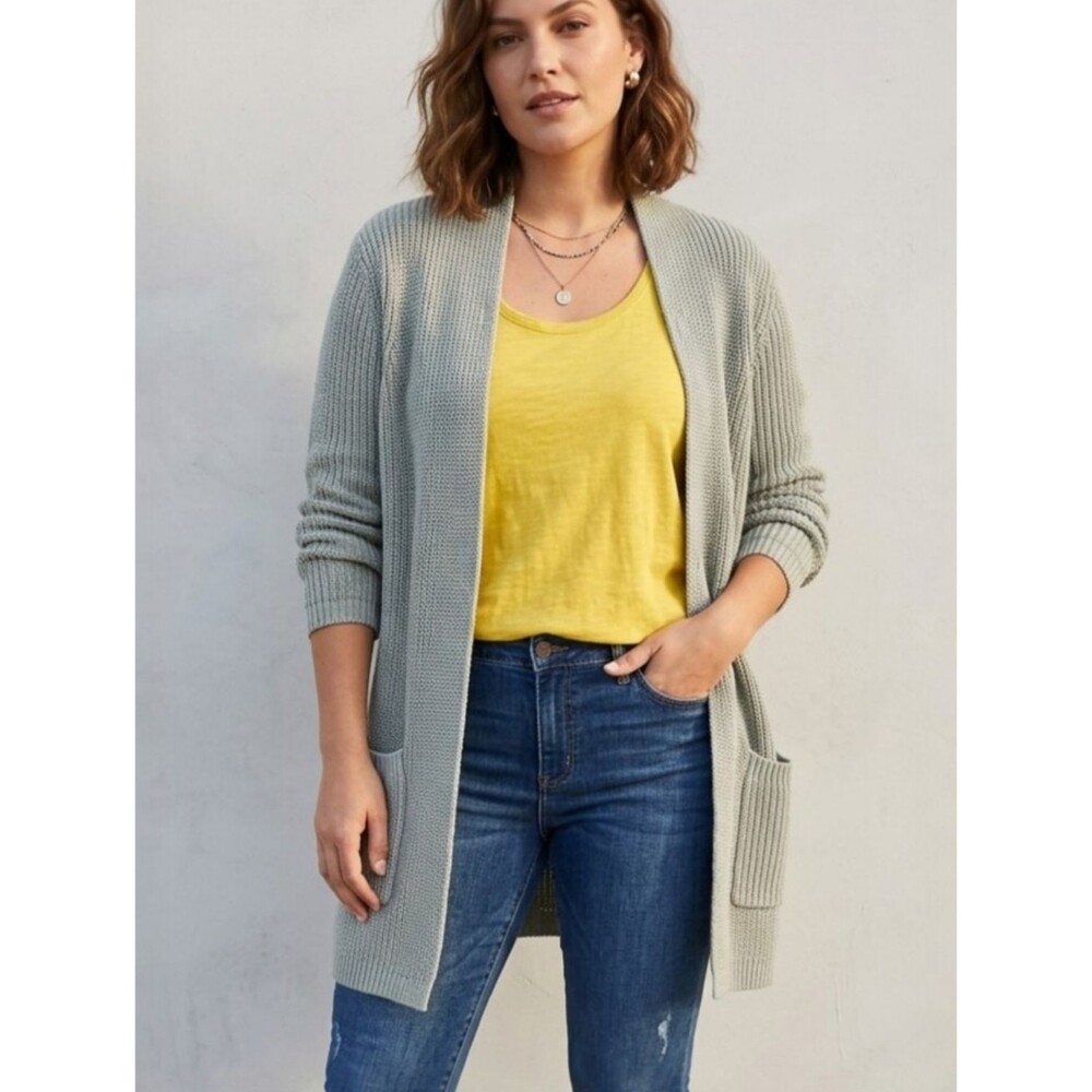 LOFT Open Long Cardigan Sweater 100% Cotton Sage Green with Pockets XL